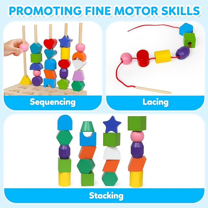 ROOCHKD Wooden Sorting Toy Montessori Color & Shape Sorter Lacing Beads Sequencing Toy Class Activity Toddlers Fine Motor Game for Colors and Shapes Learning, Birthday Gifts for Boys and Girls