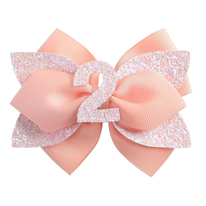 Pink Birthday Hair Bow for Baby Girls - 2Pcs Peach Sprinkle Hair Clips for 2nd Birthday Glitter Baby Bow Party Decorations for Girls Toddlers Hair Accessories (Pink-2 Years)