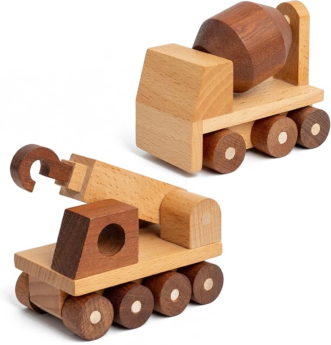 Wooden Toy Cars for 3 Year Old Boys & Girls - Construction Vehicles Set Push Toys for Toddlers, Wood Montessori Car with Rolling Wheels, Natural Wood Toys (Crane & Concrete Mixer Truck)