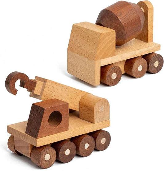 Wooden Toy Cars for 3 Year Old Boys & Girls - Construction Vehicles Set Push Toys for Toddlers, Wood Montessori Car with Rolling Wheels, Natural Wood Toys (Crane & Concrete Mixer Truck)