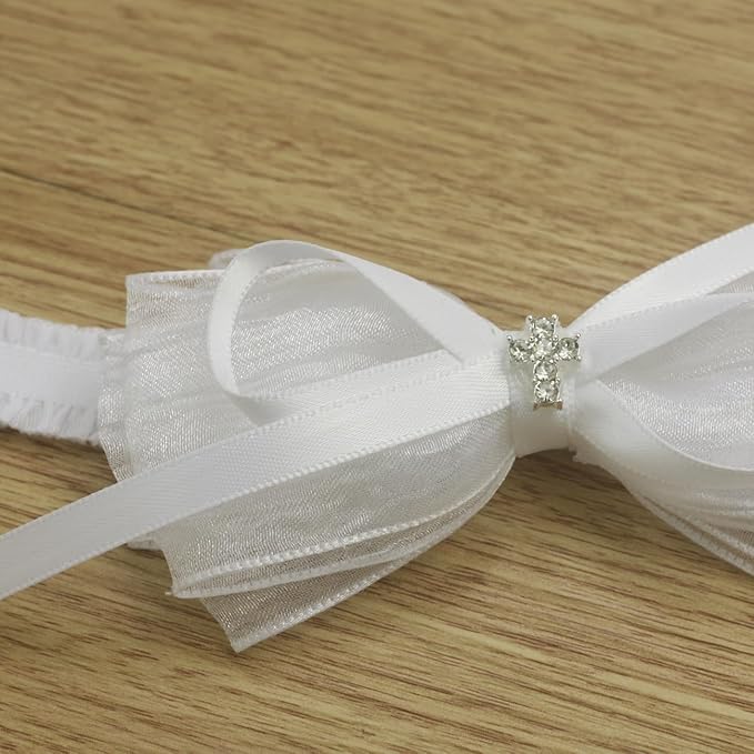 Nihao Baby White Organza Bow Headband for Toddler (0-6 months) - Handmade Bow for Baptism, Christening, First Communion, Weddings, Baby Shoots, Birthdays and more