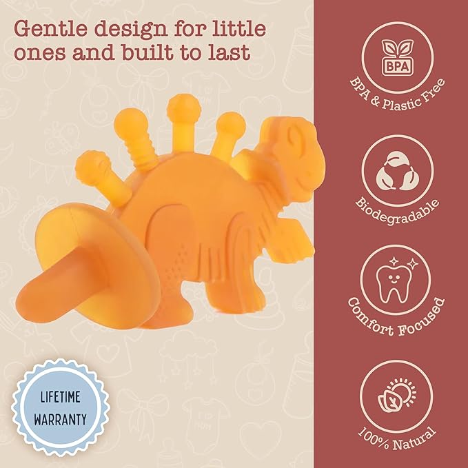 Bambeado Dibly Baby Teething Toy - Made with Natural Rubber & Amber Elements - Gentle Support, Easy to Hold, Simple to Clean - Cute Dinosaur Teether Toy - Alternative to Amber Teething Necklace