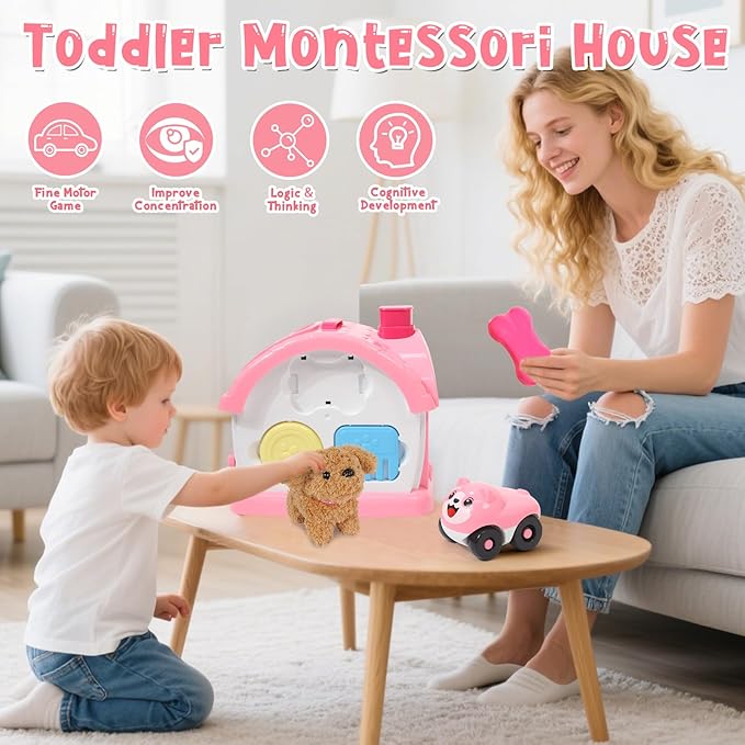 Montessori Toddler Toys for 1 Year Old Girl Gifts, Pretend Play Puppy Toy Music Learning House with Car for Toddlers 1-3, 1st First Birthday Gifts for Girls and Boys Baby Toy 6-12 12-18 6-24 Months