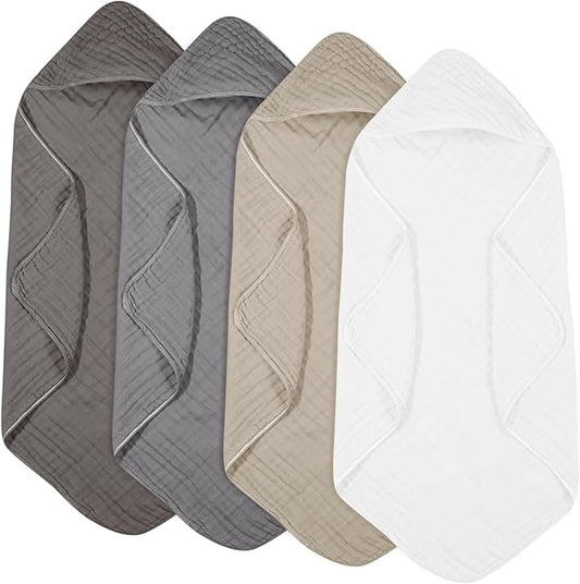 Peryiter 4 Pcs Muslin Hooded Baby Towels, 32"x 32" Cotton Newborn Bath Towel Muslin Infant Baby Blankets Absorbent Unisex Newborn Registry Gift Essentials for Girls Boys (Gray Series)