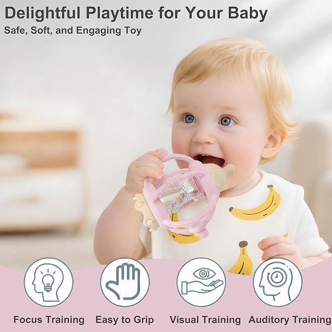 Baby Carousel Teething Toy with Soft Silicone & ABS, 2-in-1 Rattle and Removable Teether Ring, BPA-Free Multi-Sensory Toy for Infants 0–12 Months Newborn Gift for Boys and Girls (Pink)