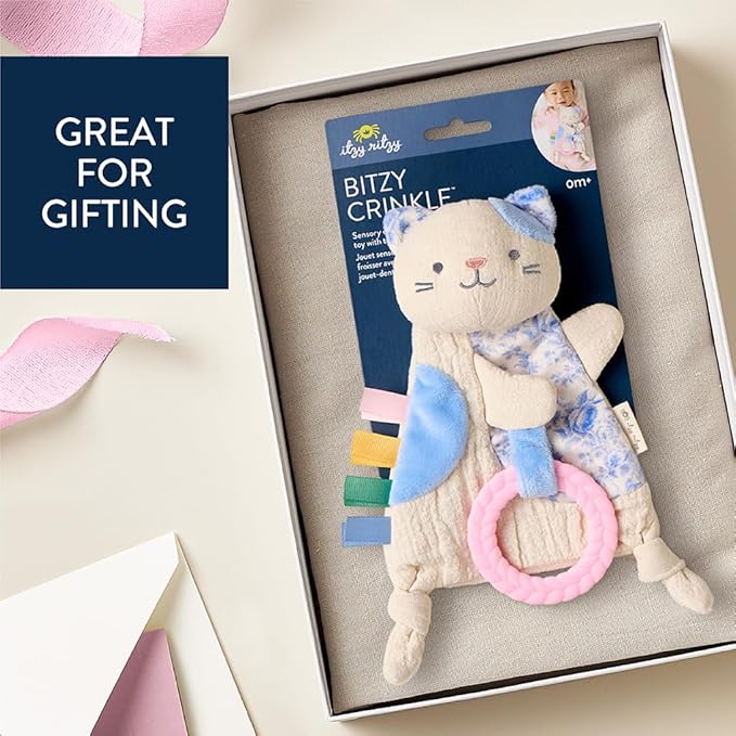 Itzy Ritzy - Bitzy Crinkle Sensory Toy for Babies & Toddlers — Features Crinkle Sound, Soft Braided Teething Toy Ring & Textured Ribbons — Gender Neutral Baby Item for Ages 0 Months & Up, Kitty