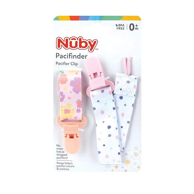 Nuby Pacifinder Baby Pacifier Clip - (2-Pack) - Pacifier Holder Clip with Convenient Hook Loop - Flowers and Polka Dots