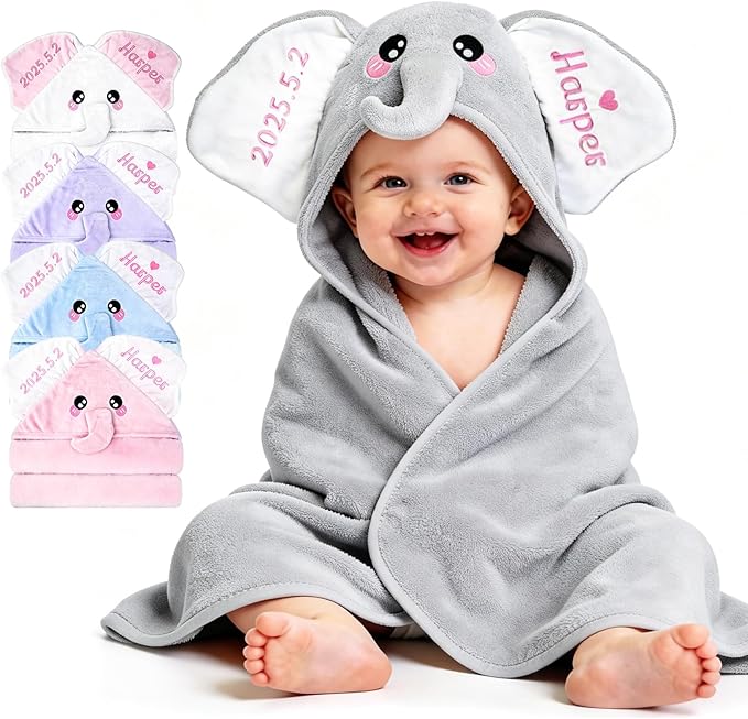 Custom Hooded Baby Towels with Name, Personalized Bunny Easter Gifts for Toddlers, Custom Baby Bath Towels for Newborn, Ultra Soft and Absorbent, Ideal for Girl Boy (Elephant)