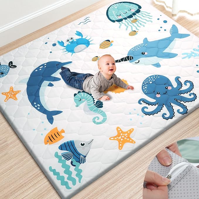 TINYHARBO Premium Foam Baby Play Mat 71x59 – Removable & Machine Washable Cover, Extra Thick Padding Playpen Mat, Non-Slip Crawling Mat, Easy to Clean for Infants, Toddlers & Babies