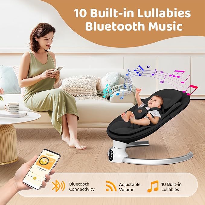 Baby Swings for Infants - Exclusive App & Bluetooth Function, Electric Baby Swing with 5 Point Harness & 5 Sway Speeds, 10 Preset Lullabies, Portable Infant Swing for Indoor/Outdoor (Black)