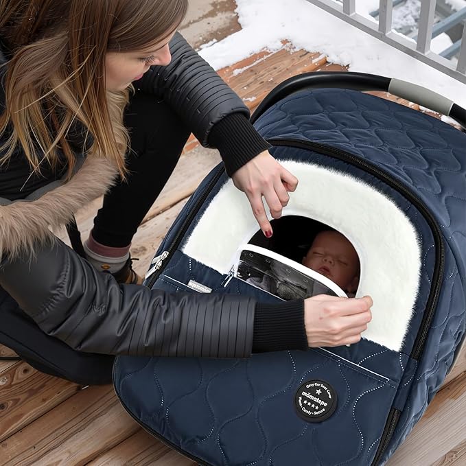 Winter Baby Car Seat Cover, Waterproof, Windproof Warm Winter Car Seat Cover for Doona Car Seats and Strollers,Fleece Breathable Car Seat Cover Baby with Full Zipper, Navy