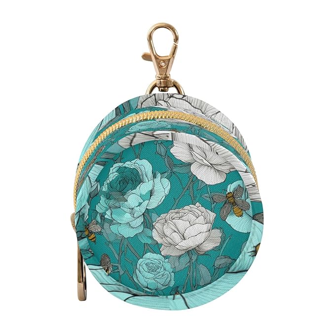 Pacifier Holder with Clip Pacifier Case for Diaper Bag Round Baby Pacifier Pouch Box Bag Portable Cute Teal Roses Bees
