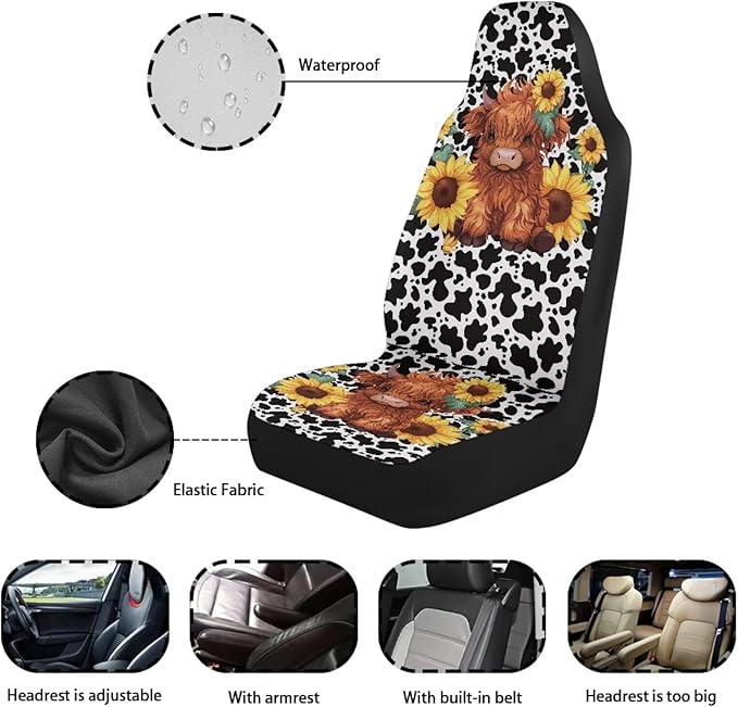 Cute Highland Cow Car Front Seat Cover, Women's Auto Car Seat Covers Protector Universal Car Interior Accessories Automobile Seat Cover for Most Cars Truck Van SUV, 2 Pack