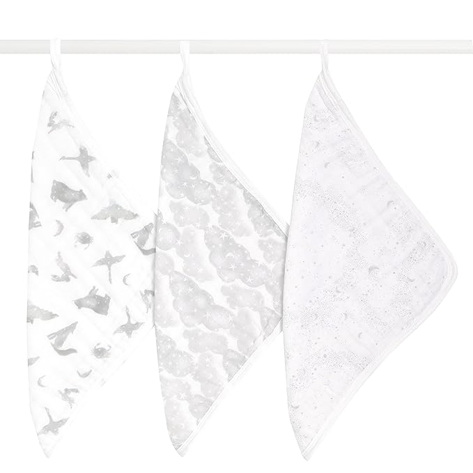 aden + anais Organic Oversized Washcloth 3-Pack, Super Soft 100% Organic Cotton Muslin, Gentle on Skin, 3 Absorbent 12x12 Layers, Softer with Every Use, for Babies Infants Toddlers, Map The Stars