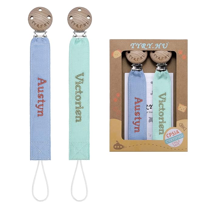 TYRY.HU Personalized Pacifier Clip with Name, Embroidery Webbing Pacifier Holder for Baby Girls and Boys, Neutral Binky Clips Universally Fit All Pacifiers, Baby Gift, 2 Pack(Blue, Green)