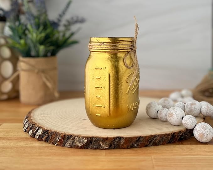VivasFlowerShop Painted Mason Jar Centerpieces for Tables, Pint Mason Jars for Centerpieces, Small Mason Jar Pen Holder, Mason Jar Decor, Pint Size, Mason Jars for Table Centerpieces (Gold)