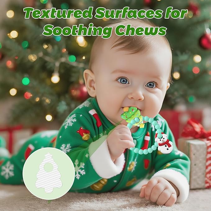 Christmas Baby Teething Toys, Snowman & Tree Silicone Teether for 3-12 Months, Textured Sensory Chewing Ring for Infants & Toddlers, Boo Basket Stuffer, Gift for Baby’s First Christmas