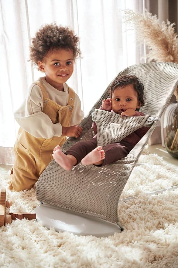 BabyBjörn Bouncer Bliss, Mesh, Gray Beige 2-in-1 Adjustable Baby Bouncer Seat and Toddler Chair, Newborn to Toddler (8-29 Lbs), 4 positions, Lightweight & Portable