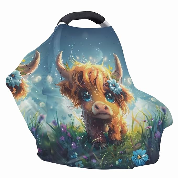 Wanyint Cute Highland Cow Baby Car Seat Covers High Chair Canopy Shopping Cart Cover, Baby Breastfeeding Cover for Mothers
