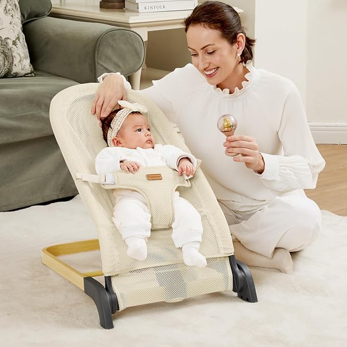 Foldable Baby Bouncer, Baby Bouncer Seat with 3 Adjustable Heights, Portable Newborn Rocker, Ergonomic Bouncer Seat for Natural Bounce, Bouncer for Babies 0-6 Months, Breathable Mesh (Beige)
