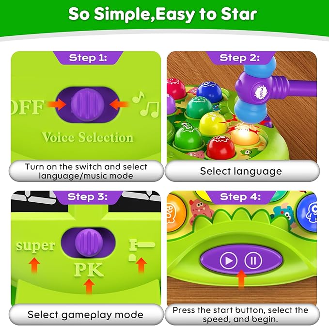 Whack Mole Game for Kids, Idea Gift for 3-12 Year Old Boys and Girls, Interactive Pounding Toy with 2 Hammers, Lights & Sounds, 3 Game Modes Educational Toy for 3 4 5 6+ Year Old Boys- Green