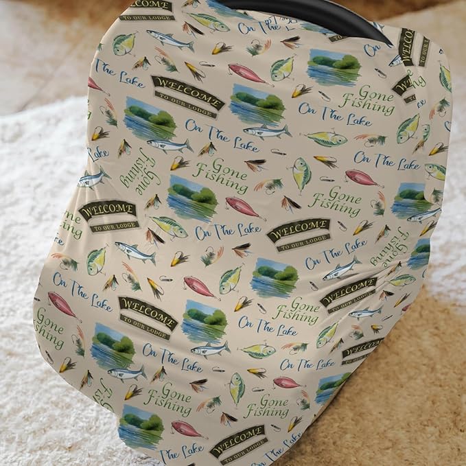 Fishing Baby Car Seats Covers Lake Gone Fishing Stretchy 5-in-1 Cover Adjustable Infant Carseat Canopy Cover Outdoor Hunting Camping Breathable Nursing Cover-Up