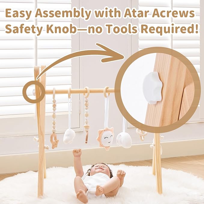 Foldable Wooden Baby Play Gym, Activity Center with 6 Sensory Hanging Toys Natural Wood Montessori Toys for Babies Indoor Gym, No-Tool Assembly Newborn for Infant Motor Development