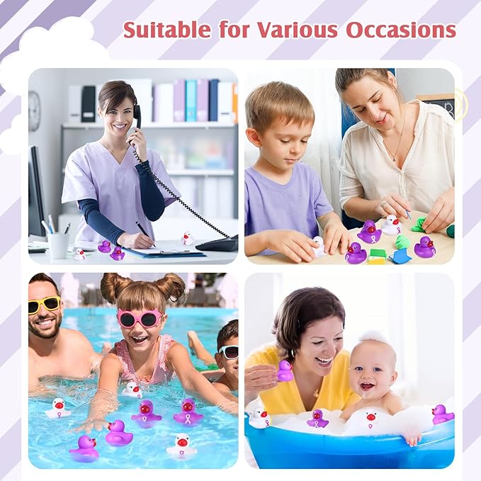 Lunmon 200 Pcs Purple and White Rubber Ducks Cervical Health Alzheimers Awareness Product Domestic Violence Awareness Ribbon Duck Float Mini Bath Toy Bulk Pancreatic Cancer for Charity Event Supplies