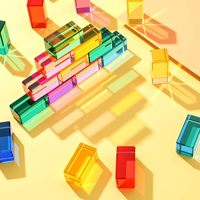 Meooeck 20 Pcs Acrylic Gem Cubes Blocks for Kids Translucent Rainbow Building Blocks Crystal Light Shadow Stacking Toys for School Education Training Learning(5 x 2.5 x 2.5 cm)