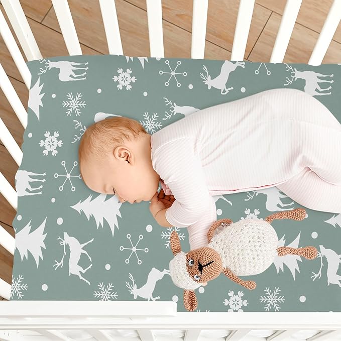 Fitted Crib Sheets Christmas Xmas Deer Snowflake Stretchy Portable Playard Sheets for Baby Toddler, Breathable Soft Mini Crib Mattress 39 x 27 in for Boys and Girls