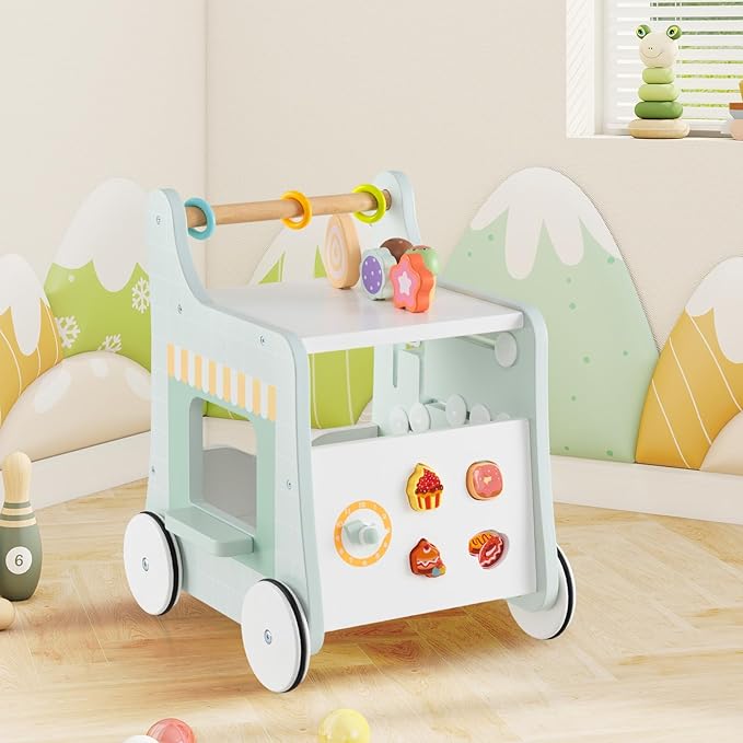 HONEY JOY Baby Push Walker, 8-in-1 Wooden Kids Ice Cream Cart & Activity Walker, Develop Motor Skills & Creativity, Dessert Shop Push Toys for Babies Learning to Walk, Gift for Boys and Girls (Green)