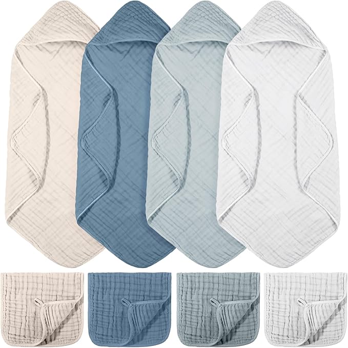 VitalCozy 8 Pcs Baby Muslin Hooded Bath Towels and Washcloths, Muslin Hooded Baby Towels Absorbent Blankets for Gift Newborn Infant Shower (Blue,White)