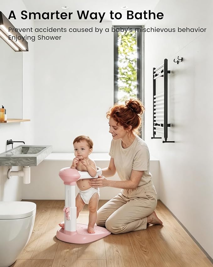 COOSEYA® Baby Shower Stand, Toddler Bath Stand Support with Thicker Colum, Anti-Pinch, Anti-Slip Base, Adjustable Shower Holder for Toddler Standing Up Themselves, Ideal Gift for Infants 8-36 Months