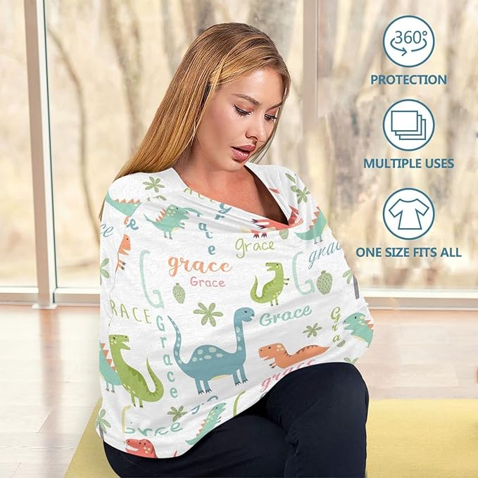 Personalized Dinosaur Baby Car Seat Cover for Boys, Customized Infant Carseat Covers with Name, Multi Use Nursing Cover Breastfeeding Scarf, Stroller Sun Shade Cover Canopy