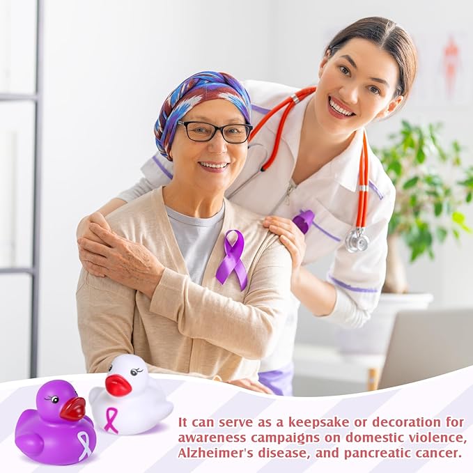 Lunmon 200 Pcs Purple and White Rubber Ducks Cervical Health Alzheimers Awareness Product Domestic Violence Awareness Ribbon Duck Float Mini Bath Toy Bulk Pancreatic Cancer for Charity Event Supplies