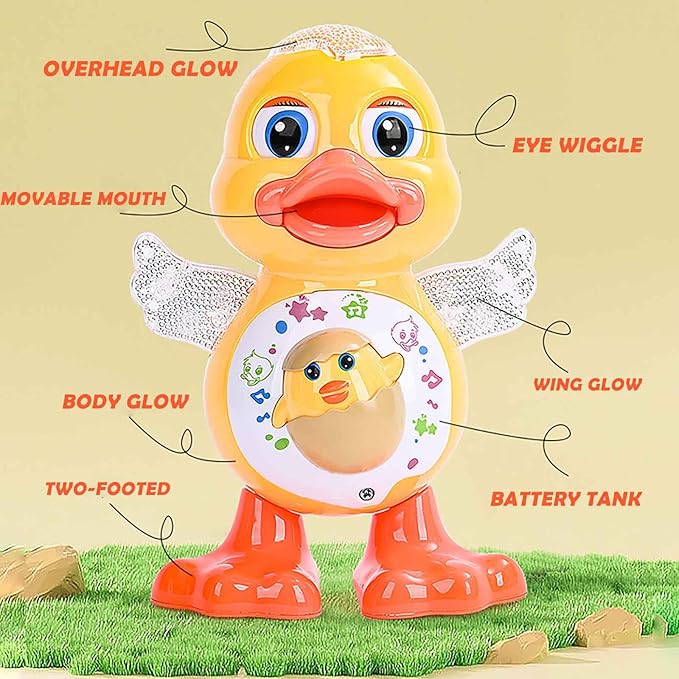 Dancing Duck Toy, Tummy Time Toys with Music & Flashing Lights, Interactive Musical Duck with Colorful Wings (Duck)