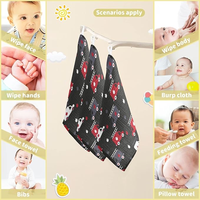 vvfelixl Firefighters Fire Trucks Baby Burp Cloths, Baby Muslin Washcloths for Boys Girls, Cotton Baby Face Towel for Newborn Infants Soft and Absorbent 11.8 X 11.8 in, 5 Pack Black