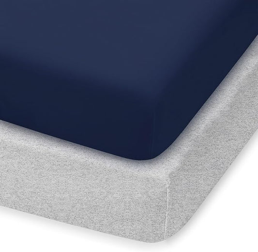 Graco Pack n Play Sheets, Soft Fitted Playard Sheets with Secure Fit, Fit Standard 27" × 39" Playard Mattresses, Breathable & Gentle on Sensitive Skin, 2-Pack (Navy & Grey)
