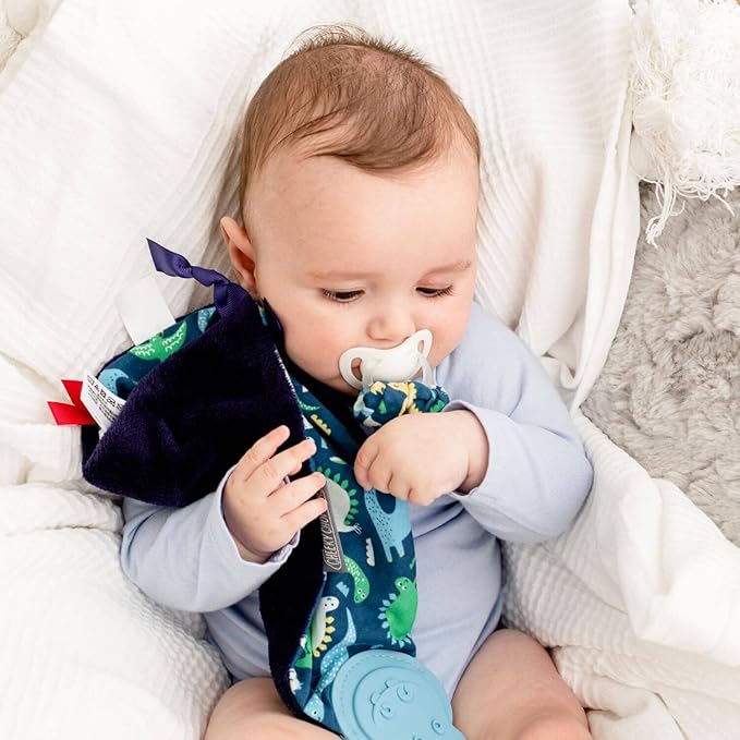 Cheeky Chompers Comfortchew | Baby Lovey with Silicone Teether & Sensory Tags | Soft Fleece Material, Attachable Loop, Machine Washable | (Baby Dino)