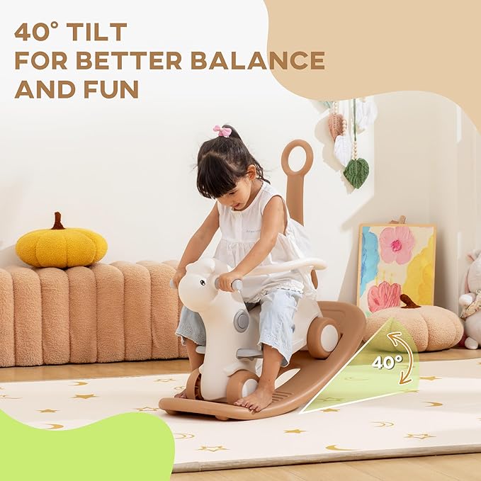 Qaba 4-in-1 Rocking Horse for Toddlers 1-3 Years, Baby Rocking Horse with Detachable Balance Board and Push Handle, Alpaca-Shaped Ride On Toy with 4 Smooth Wheels, for Baby Girls and Boys, Brown