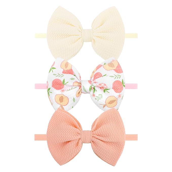 3PCS 4.5’’ Peach Baby Bow White Girls Headbands Pink Bows Newborn Hair Accessories Summer Outfits for Infant Toddler Girl Clothes