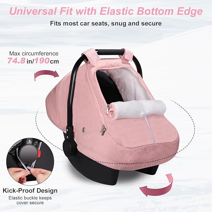 Winter Car Seat Cover for Baby Girl, Waterproof Infant Carseat Cover with Warm Plush Lining & Dual Zippers, Universal Carseat Cover Baby Winter Protector with Ventilation and Windproof Design (Pink)