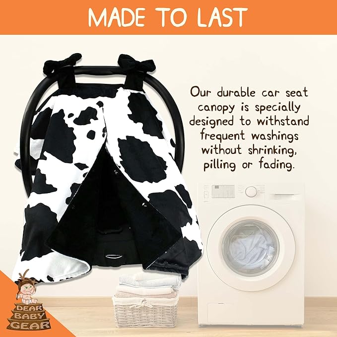 Dear Baby Gear Car Seat Cover for Boys & Girls - Baby Carseat Canopy w/Snap Opening - Infant Seat Cover -Nursing Covers - Newborn Carrier Canopy - 40x30" (Black and White Holstein Cow with Bows)