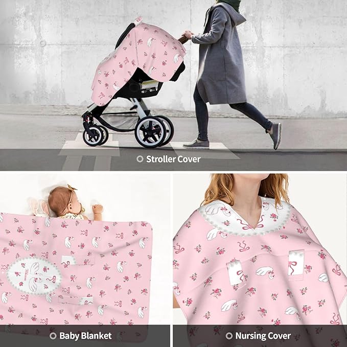 Custom Baby Car Seat Canopy with Name, Personalized Stroller Baby Car Seat Covers for Girls, Minky Nursing Carseat Cover for Breastfeeding, Car Seat Canopies for Infant Newborn(Swan Pink)