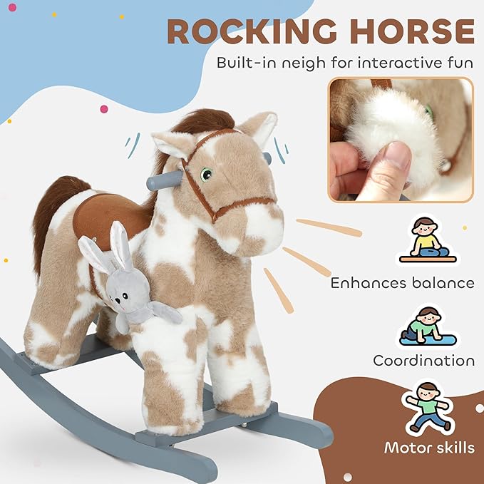 Qaba Rocking Horse, Kids Plush Animal Rocker with Realistic Neighing Sound for Toddlers 2–5 Years Old, Soft Filling Ride on Horse with Rabbit Toy, Light Brown