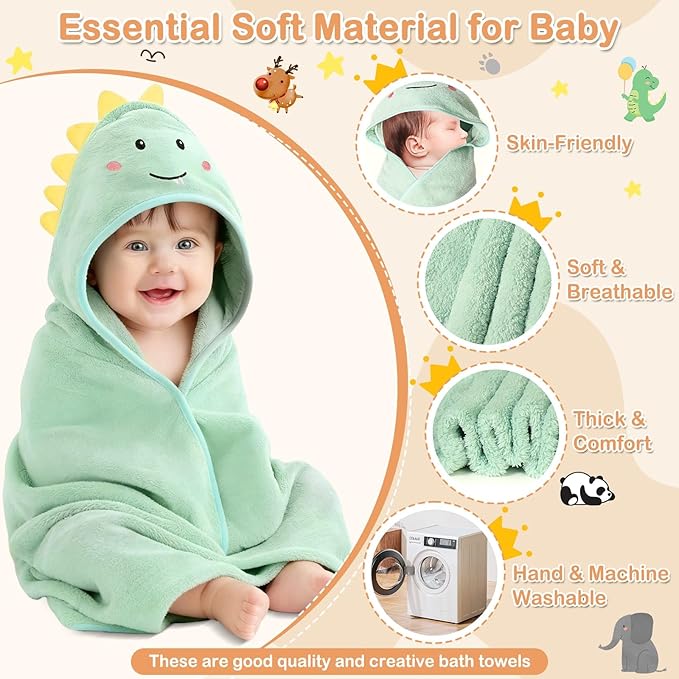Flasoo 14 Pcs Baby Towels Set, Baby Towels and Washcloths Set,4 Pcs 32x32 in Cute Hooded Bath Towel & 10 Pcs Baby Washcloths for Infants, Toddlers and Kids - Dinosaurs, Pandas, Elephants & Moose