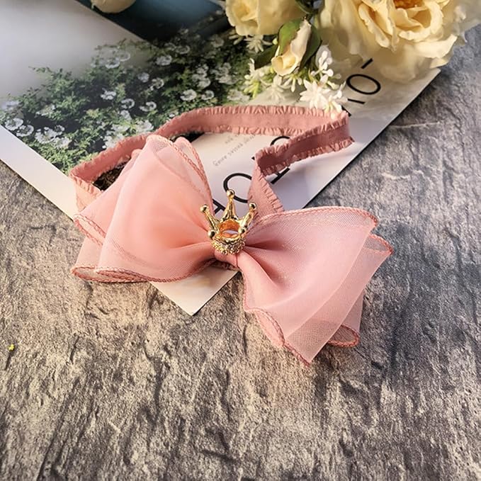 Cute Baby Girl Headband with Lace Bow and Crown Elastic Lace Bow Hair Band Newborn to Toddler Hair Accessory Shower Birthday Party Gift (Pink, Free)