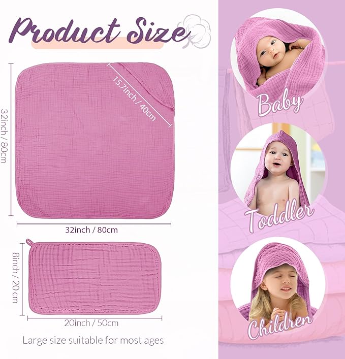VitalCozy 12 Pcs Baby Muslin Hooded Bath Towels and Washcloths, Muslin Hooded Baby Towels Absorbent Blankets for Gift Newborn Infant Shower (Pink Purple Series)