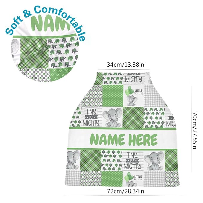 Personalized Cute Elephant Green Plaid Baby Car Seat Cover for Babies with Name, Custom Baby Car Seats Canopy for Boys Girls, Nursing Breastfeeding Stroller Covers Infant Car Seat Blanket for Newborn
