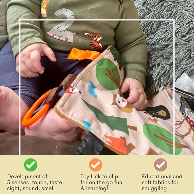 Baby Jack & Co 8x8” Forest Woodland Animal Lovey Tag Toys for Babies - Crinkle Toys for Developing 5 Senses - Soft & Safe - Learn Shapes & Colors - Soother & Tummy Time - BPA Free w/Stroller Clip